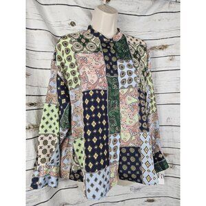 Zara Patchwork Top Medium NEW Button Up Boxy Mandarin Collar Long Sleeve